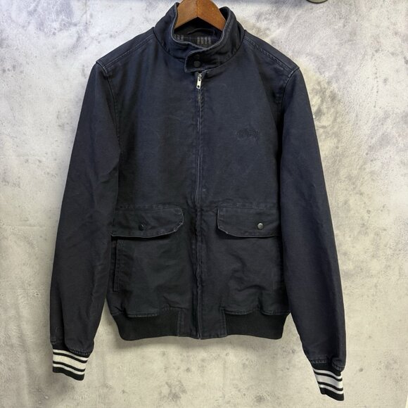 Vintage Stussy Bomber Jacket Mens Large 23x27.5 Blue Canvas Streetwear Zip - Picture 1 of 10